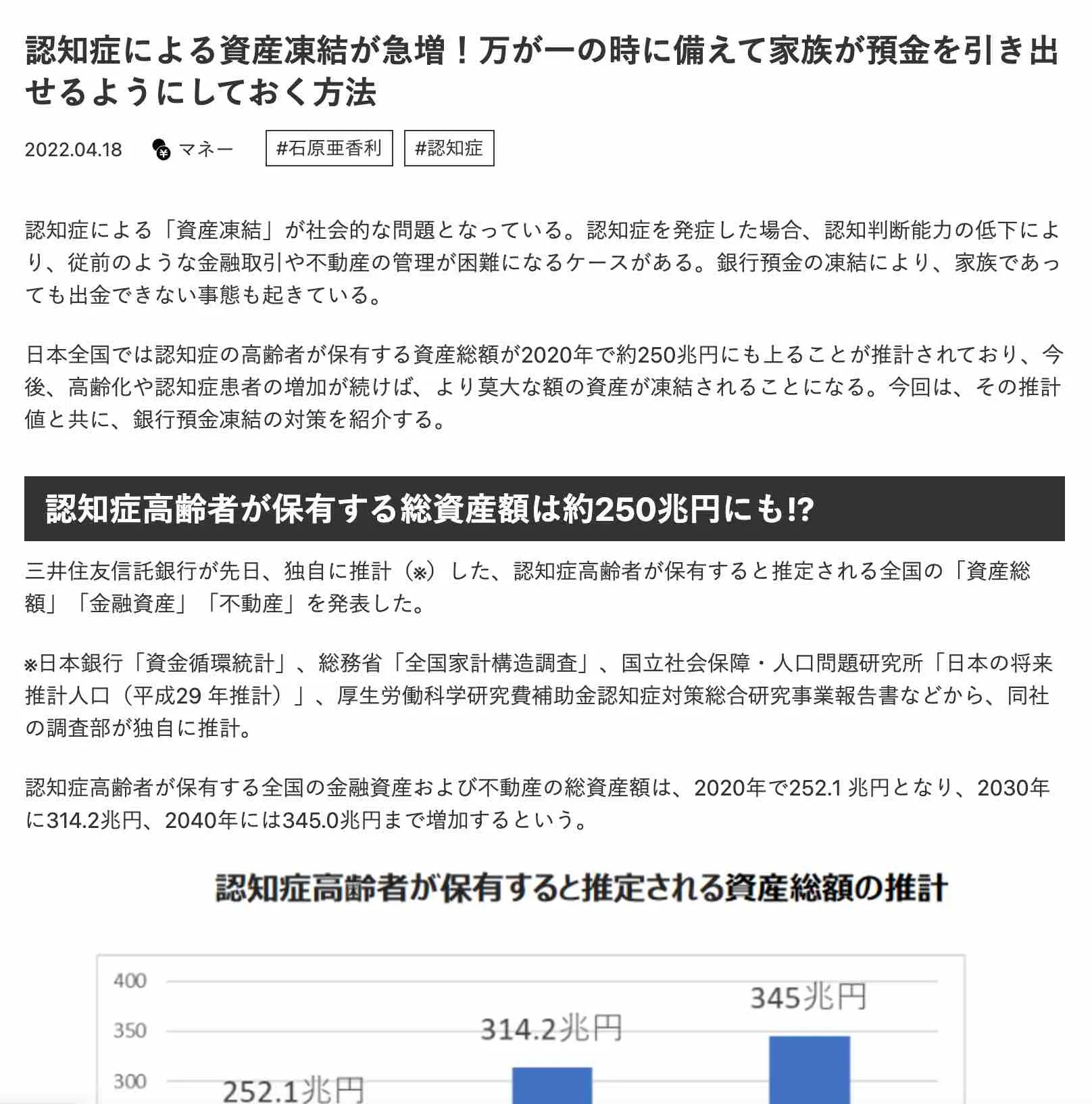認知症による資産凍結が急増！万が一の時に備えて家族が預金を引き出せるようにしておく方法（2022年4月18日）